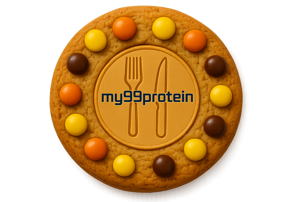 Colorful candy cookie with my99protein logo, no background