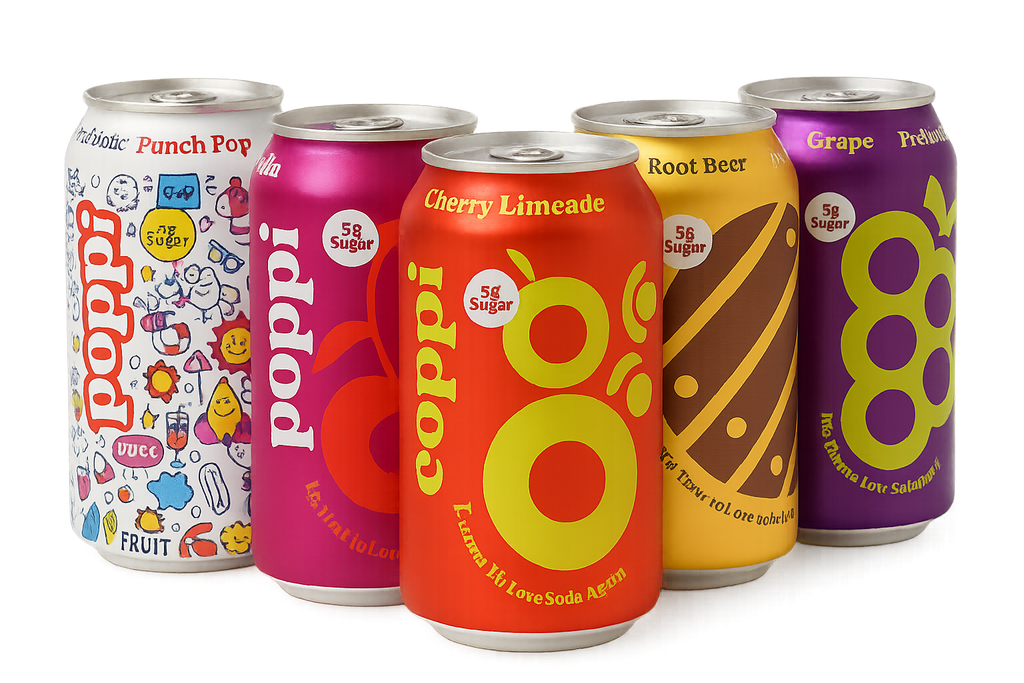 Group image of five poppi soda cans without background
