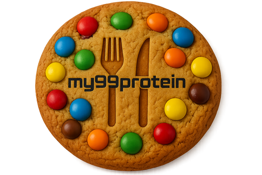 M&M cookie with my99protein logo, no background
