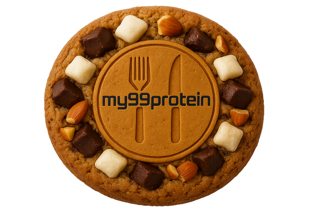 Rocky road cookie with my99protein logo, no background