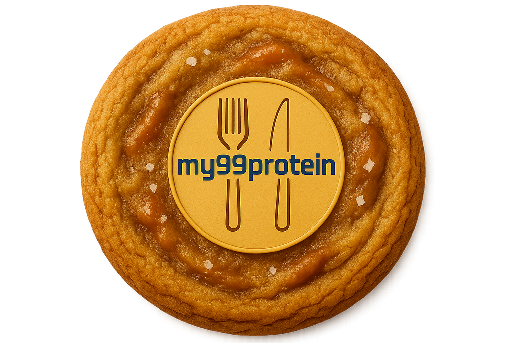 Salted caramel cookie with alternative my99protein logo design, no background