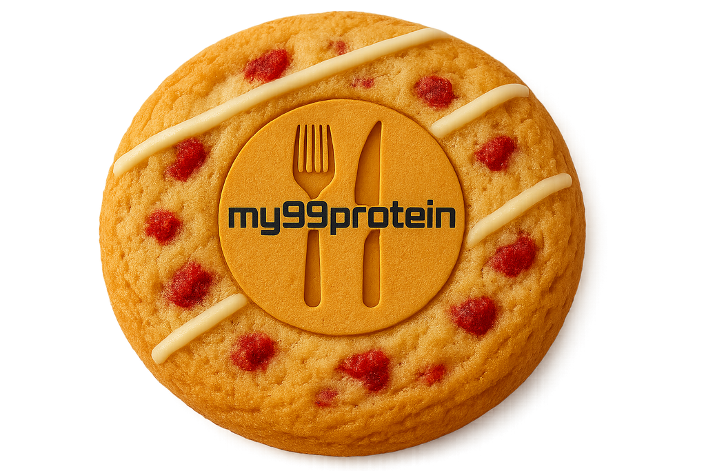 Strawberry shortcake cookie with my99protein logo, no background